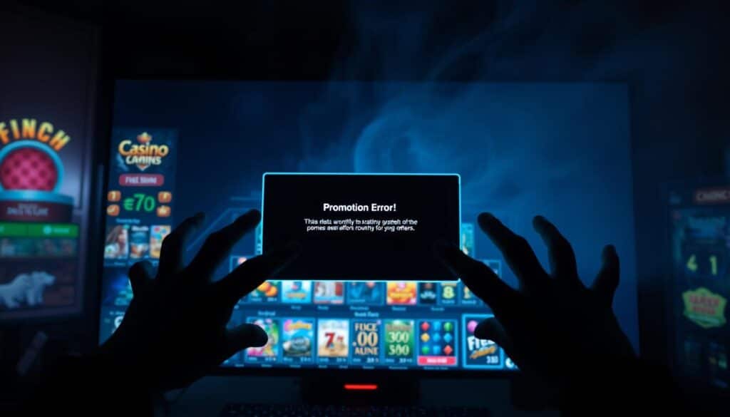 A dimly lit online casino gaming interface, with a pop-up window displaying a confusing "Promotion Error" message. In the foreground, a frustrated user's hands gesture in exasperation, illuminated by the screen's bluish glow. The middle ground features a range of casino game icons and buttons, overlaid with a sense of technical complexity. The background is hazy, evoking a feeling of information overload and disorientation. The overall scene conveys the concept of common mistakes and misunderstandings surrounding promotional offers in online gaming environments.