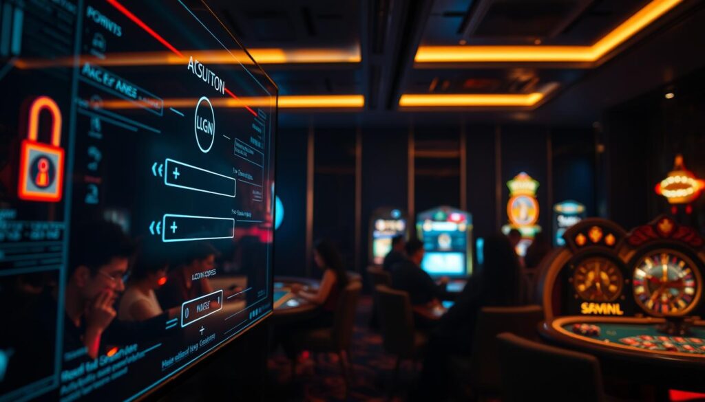 A dimly lit online casino interface, illuminated by a soft glow from the screen. The foreground features a secure-looking login panel with encrypted access controls, conveying a sense of digital safety. In the middle ground, players engage in various casino games, their faces obscured by the screen's reflection, hinting at the privacy and anonymity of online gambling. The background showcases a sleek, modern interior design with clean lines and minimalist decor, creating an atmosphere of sophistication and discretion. The lighting is subtle and moody, casting shadows that add depth and a sense of mystery to the scene. The overall impression is one of a secure, discreet, and technologically advanced online gambling environment.
