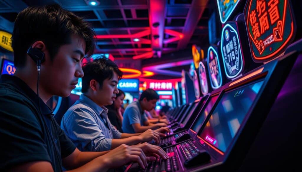 A dimly lit online casino interior, with a group of Taiwanese players engrossed in various digital gambling games. In the foreground, a couple of individuals intensely focused on their screens, fingers tapping away. In the middle ground, a few more players leaning in, their expressions a mix of concentration and anticipation. The background features the casino's neon-lit ambiance, with vibrant colors reflecting off the sleek, modern surfaces. The overall scene conveys a sense of immersion and investment, capturing the active participation of Taiwanese gamblers in the thriving online gaming landscape.