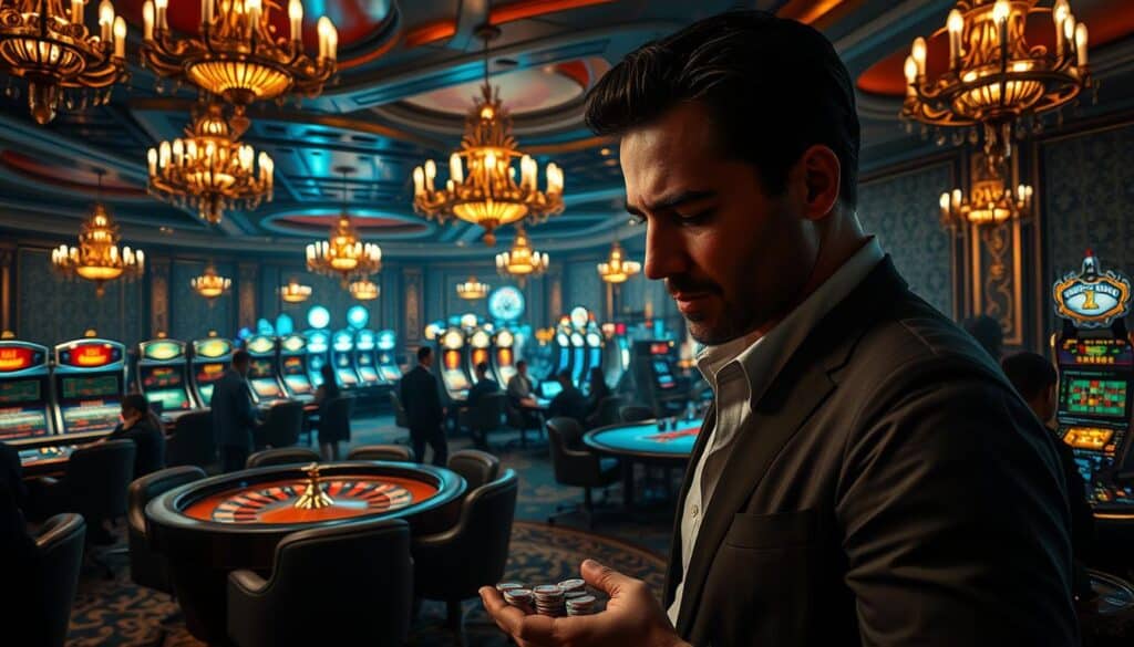 A dimly lit online casino interior, with gamblers intently focused on various gaming tables. In the foreground, a high-roller examines the chips in his hand, contemplating his next strategic move. The middle ground features a variety of casino games, including baccarat, roulette, and slot machines, each with their own unique layouts and visual cues. The background showcases the opulent decor of the casino, with ornate chandeliers, plush carpeting, and ornate wallpapers, creating an atmosphere of elegance and excitement. The lighting is dramatic, with a mix of warm and cool tones, casting shadows and highlights that add depth and dimension to the scene. The overall mood is one of intensity and anticipation, as the players weigh their options and make decisions that could determine the outcome of their fortunes.