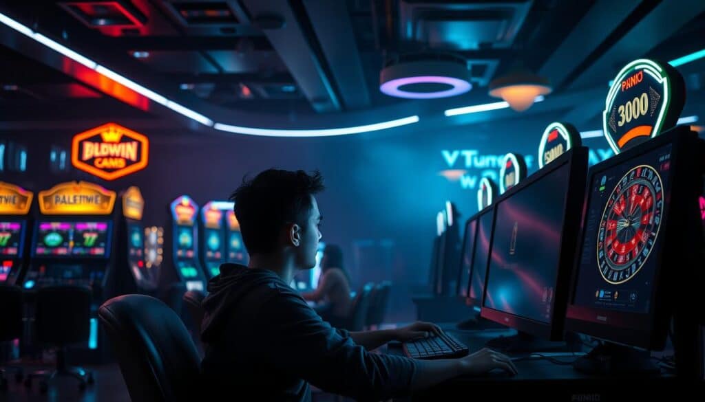 A dimly lit online casino interior, with neon-lit gaming terminals and a sleek, futuristic aesthetic. In the foreground, a person sits intently at a computer, engrossed in a high-stakes virtual roulette game, the screen's glow casting an eerie light on their face. The background is hazy, with flickering screens and the faint sounds of slot machines and digital chimes. The scene conveys a sense of immersion and the potential risks of unregulated online gambling.