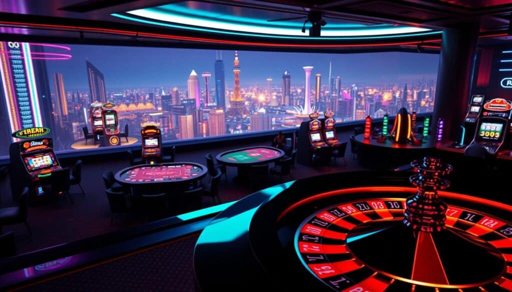 A dimly lit online casino, its interface glowing with neon hues. The foreground features a roulette wheel spinning slowly, its metallic surface reflecting the vibrant colors. In the middle ground, various virtual gaming tables are arranged, each with players engaged in lively card games or slot machine pulls. The background showcases a panoramic view of the casino's virtual landscape, with towering skyscrapers and a dynamic cityscape. The overall atmosphere is one of excitement and anticipation, with soft lighting and a sense of immersion in the digital realm of online entertainment.