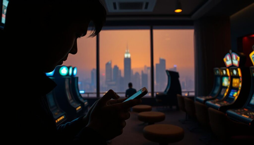 A dimly lit online casino lobby, with a sense of mystery and intrigue. In the foreground, a player's hands resting on a smartphone, navigating through a web-based gambling app, their face partially obscured by shadows. The middle ground features the faint outlines of slot machines and gaming tables, suggesting the thrill and risk of virtual betting. In the background, a hazy cityscape visible through a window, evoking the urban setting of this digital gambling experience. Soft, warm lighting casts an alluring glow, creating an atmosphere of both temptation and caution. The overall scene captures the essence of the "網路賭博心得" - the personal insights and experiences of Taiwanese players navigating the world of online gambling.