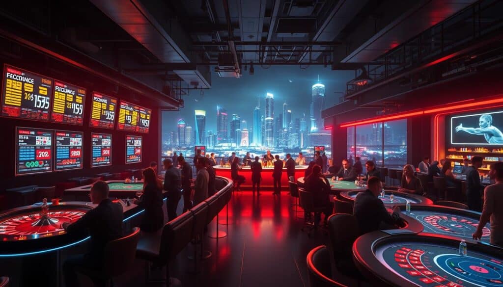 A dimly lit, online casino scene with a high-energy, neon-infused atmosphere. In the foreground, a row of sleek, modern gambling tables - roulette, blackjack, and poker - with players deeply engaged in the thrill of the game. Overhead, a matrix of glowing screens displays the latest odds and betting trends. In the middle ground, a bar area with bartenders skillfully mixing cocktails, surrounded by patrons socializing and sipping drinks. The background features a sprawling, futuristic cityscape with skyscrapers and neon-lit towers, hinting at the scale and prominence of this rising digital gambling industry. Subtle lens flares and depth-of-field blur create a sense of immersion and excitement. The overall mood is one of sleek sophistication, high-stakes risk, and the allure of modern entertainment technology.