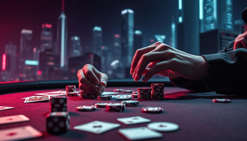 A dimly lit online casino table, with playing cards, poker chips, and dice scattered across the felt surface. A pair of hands expertly rearranging the chips, strategizing their next move. Soft neon lights cast a pulsing glow, heightening the tension and focus of the player. In the background, an abstract cityscape with towering skyscrapers reflects the high-stakes thrill of online gaming. The composition emphasizes the skill, discipline, and calculated risk-taking required to maximize one's chances of winning in this digital realm.