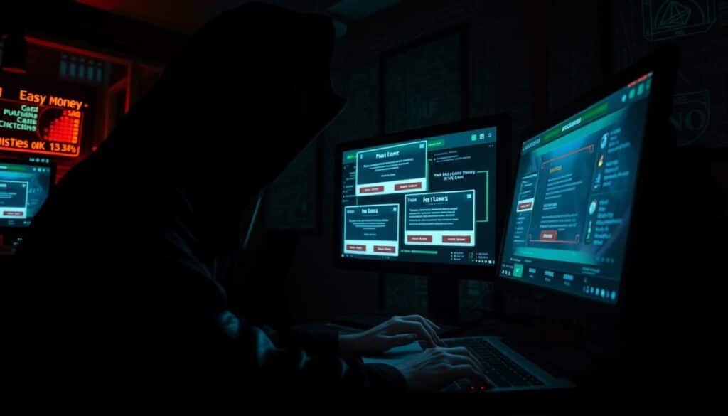 A dimly lit online casino, the glow of screens casting an eerie shadow over the scene. In the foreground, a shadowy figure hunched over a laptop, fingers tapping rapidly as they orchestrate a complex web of deception. The middle ground reveals a series of pop-up windows, each promising easy money and fast cash, luring unsuspecting victims. In the background, a maze of tangled lines and coded algorithms, the inner workings of an intricate fraud scheme. The overall atmosphere is one of unease and desperation, a stark warning of the growing threat of online casino scams.