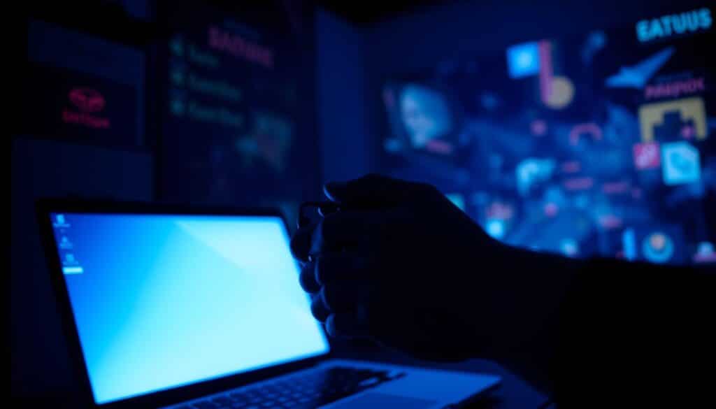 A dimly lit online gaming setup, with a laptop and mobile device illuminated by the blue-tinged glow of the screens. In the foreground, a hand reaching for a gaming controller, suggesting the addictive nature of the experience. The background is a blur of chaotic, neon-colored visual elements, symbolizing the risks and distractions of online gaming. Dramatic chiaroscuro lighting creates a sense of tension and unease, while the overall composition conveys the idea of a person being consumed by the virtual world, at the expense of their real-life well-being.