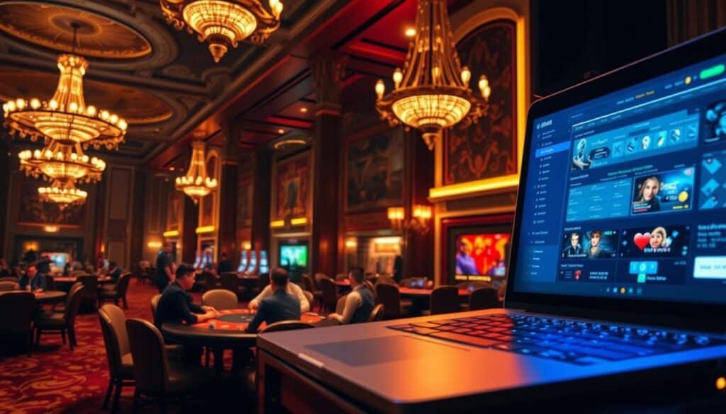 A dimly lit, opulent casino interior with ornate chandeliers and plush carpeting, contrasted by the sleek, minimalist design of a modern online gaming platform displayed on a laptop screen. In the foreground, a poker table with players engaged in a high-stakes game, while the background showcases the stark difference between the grand, physical casino and the virtual, digital experience. The lighting is dramatic, with warm tones illuminating the casino and cool, blue hues emanating from the laptop screen, creating a sense of juxtaposition and the distinct contrast between the tangible and the virtual. The image should convey the elegance and allure of a traditional casino juxtaposed with the convenience and accessibility of online gaming.
