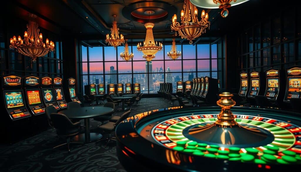 A dimly lit, opulent interior of a luxurious online casino. In the foreground, a roulette table with a mesmerizing array of green, red, and black chips, illuminated by the warm glow of overhead chandeliers. The middle ground features rows of sleek, modern slot machines, their screens flashing with vivid graphics and tantalizing jackpot amounts. In the background, a panoramic view of the city skyline is visible through floor-to-ceiling windows, creating a sense of grandeur and sophistication. The atmosphere is one of excitement and anticipation, inviting the viewer to immerse themselves in the thrilling world of online entertainment.
