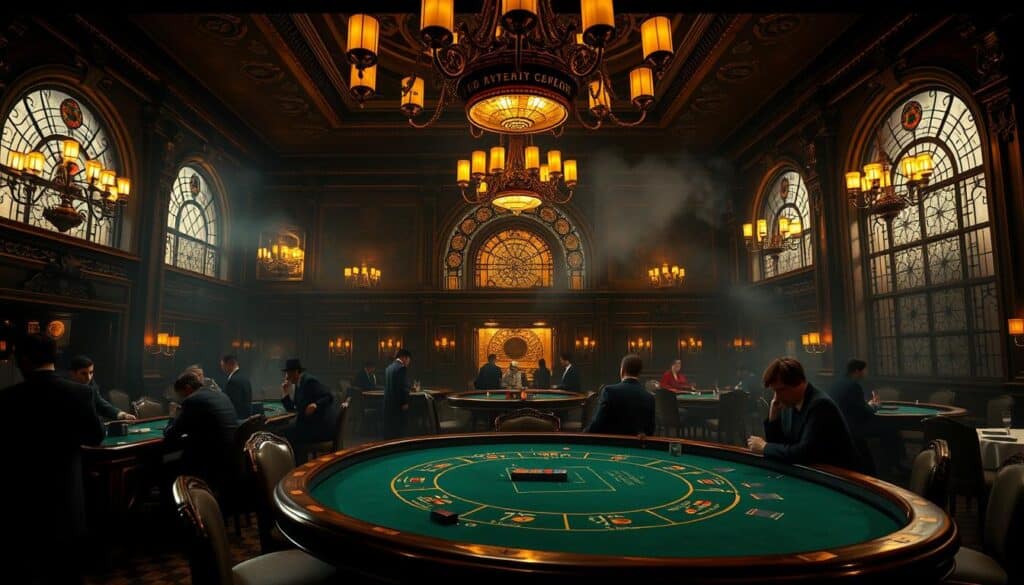 A dimly lit, ornate casino interior in the early 20th century. In the foreground, a classic baccarat table with green felt and gilded edges, surrounded by well-dressed players engaged in the game. The middle ground features elegant chandeliers casting a warm, amber glow, and intricate architectural details like carved wood paneling and stained glass windows. In the background, a hazy, atmospheric smoke fills the air, adding to the vintage, opulent ambiance. The lighting is moody and dramatic, creating deep shadows and highlights that accentuate the textures and materials. The camera angle is slightly elevated, giving a panoramic view of the historic gaming scene.