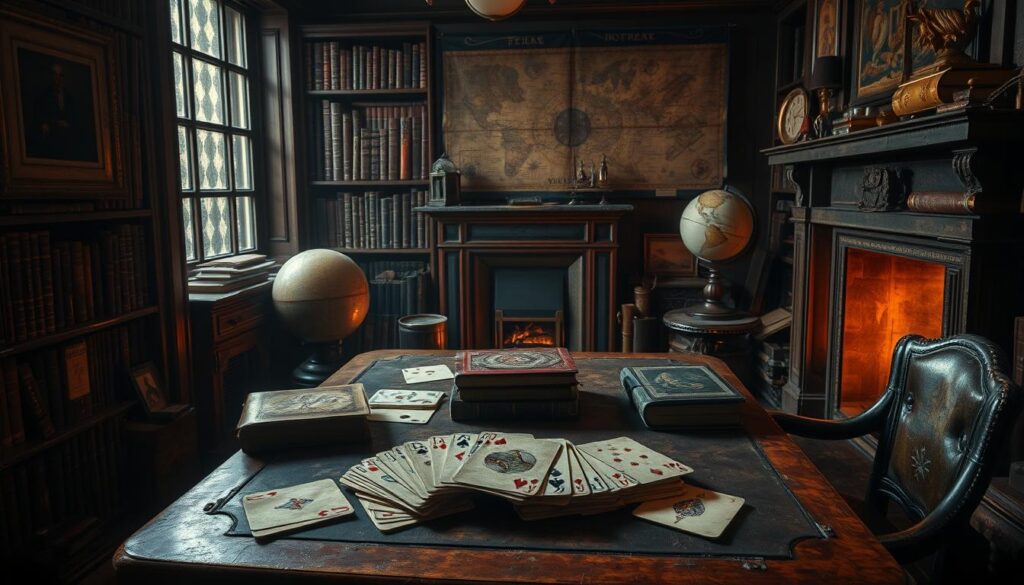 A dimly lit, ornate study filled with vintage books and leather-bound tomes. In the center, an antique wooden table displays a collection of classic poker cards, their worn surfaces and faded designs hinting at a rich history. Soft light from a nearby fireplace casts warm hues across the scene, creating an atmosphere of contemplation and discovery. In the background, a weathered globe and an aged map of the world suggest the global reach and evolution of the game of poker over time. The overall composition evokes a sense of timeless elegance and the enduring legacy of this iconic pastime.