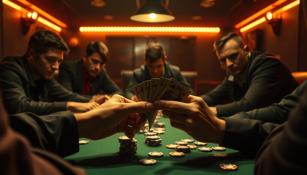 A dimly lit poker table, green felt surface and scattered chips. In the foreground, a player's hands hold a deck of cards, skillfully shuffling and dealing with precision. Behind, the other players lean in, their expressions focused and intense, as they study the cards and the subtle tells of their opponents. Warm lighting from overhead casts dramatic shadows, creating an atmosphere of high-stakes strategy and calculated risk. The room is filled with the tension of the game, each move carefully considered, every decision a potential turning point in the larger, unfolding drama of the Texas Hold'em match.
