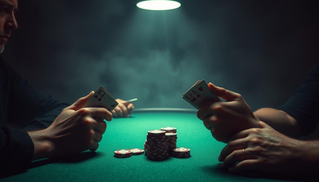 A dimly lit poker table, green felt surface illuminated by a single overhead spotlight. In the center, a stack of poker chips in varying denominations, symbolizing the rising blind levels. The players' hands, partially obscured, hold their cards close, faces intense with concentration. The background is hazy, creating a sense of tension and high stakes. The image conveys the careful management of one's capital as the blinds escalate, a critical skill for Texas Hold'em success.