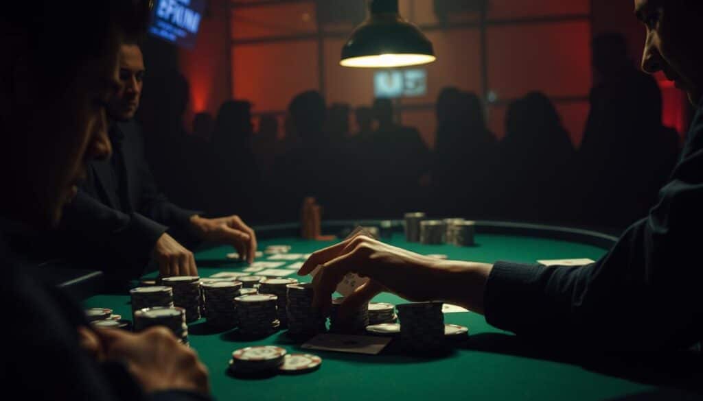 A dimly lit poker table, green felt surface reflecting the warm glow of a single overhead light. Stacks of chips in various denominations, cards half-dealt, a player's hand hovering over them, contemplating their next move. The atmosphere is tense, the soft clatter of chips and cards the only sound. In the background, a hazy silhouette of onlookers, their faces obscured, focused intently on the game unfolding. The player's expression is one of deep concentration, weighing the odds, seeking the opportune moment to strike. Shadows accentuate the contours of the table, creating a dramatic, cinematic scene that captures the essence of a high-stakes Texas hold'em poker game, where every decision could make or break a player's fortunes.