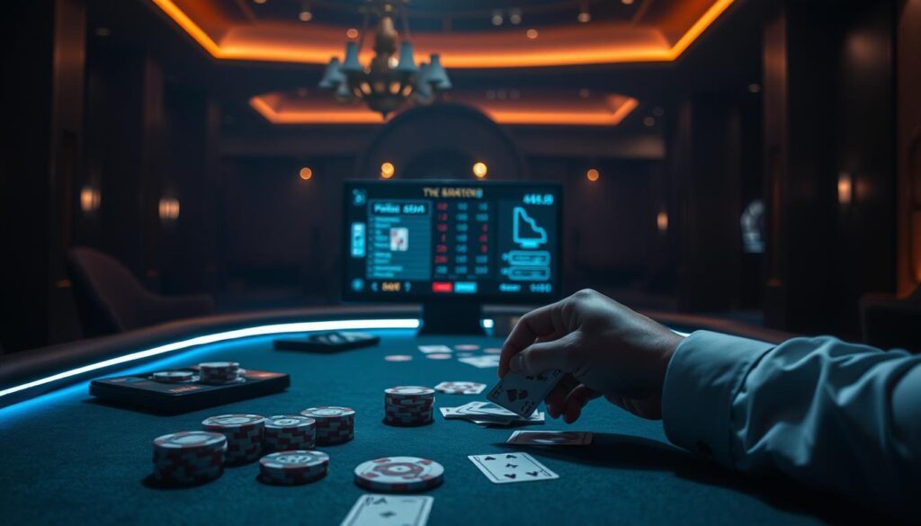 A dimly lit poker table in a modern online casino setting. The table is surrounded by a soft glow, creating an intimate and atmospheric ambiance. On the table, poker cards, chips, and a sleek, high-tech digital display showing the game's progress. In the foreground, a player's hands expertly handling the cards, showcasing the intricate skills and strategies involved in online poker. The background features subtle architectural elements, suggesting an exclusive and sophisticated gaming environment. The overall scene conveys the excitement, skill, and calculated risk-taking inherent in the world of online poker.