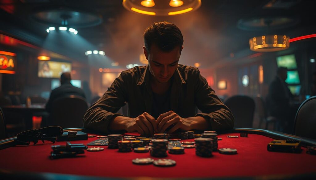A dimly lit poker table in a smoky casino, with a focused player meticulously studying their cards and chips. The table is illuminated by warm, subtle lighting, casting shadows that add depth and drama to the scene. The player's face is partially obscured, conveying a sense of contemplation and strategic thinking. In the background, the hazy outlines of other players and the casino's ambiance create a sense of intensity and competition. The table's surface is cluttered with various poker tools and accessories, hinting at the player's dedication to mastering the game. The overall atmosphere evokes a feeling of immersion in the high-stakes world of Texas Hold'em, reflecting the subject of "Improving Texas Poker Skills" and the article's focus on effective training methods.