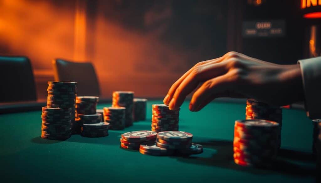 A dimly lit poker table, its green felt surface casting a soft glow under the warm, amber lighting. Stacks of chips in varying denominations are meticulously arranged, representing the strategic allocation of funds. A player's hand, partially obscured, hovers over the table, contemplating the next move. The background is shrouded in a subtle, atmospheric haze, creating a sense of contemplation and focus. The composition emphasizes the careful management of resources, the weighing of risks and rewards, and the calculated decision-making that defines the essence of Texas Hold'em's financial strategy.