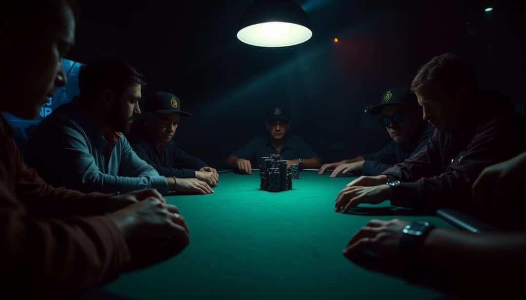 A dimly lit poker table, its green felt surface illuminated by a single overhead light. Players sit in tense silence, their faces obscured by shadows, expressions unreadable. The air is thick with the weight of psychological warfare, each move a calculated gambit, each gesture a potential tell. In the center of the table, a stack of chips stands as the prize, the ultimate objective in this battle of wits and nerves. The camera angle is low, capturing the scene from the perspective of a player, heightening the sense of intense focus and high-stakes drama. The overall atmosphere is one of suspense, strategy, and the unspoken power dynamics that define the game of Texas Hold'em.