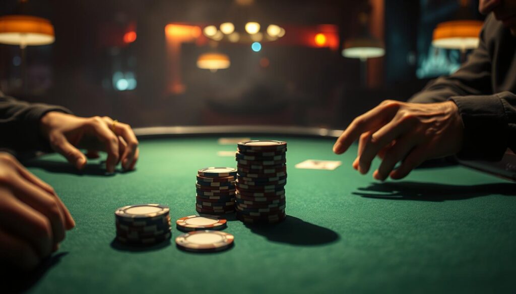 A dimly lit poker table, its green felt surface illuminated by the soft glow of overhead lamps. At the center, a stack of casino chips in various denominations, casting playful shadows across the table's surface. In the foreground, a pair of experienced hands, callused and weathered, carefully arranging the cards, their movements calculated and precise. The players' faces are obscured, their expressions hidden, but the tension in the air is palpable, as they strategize and anticipate their next move. The background fades into a hazy, dreamlike quality, suggesting the high-stakes world of professional Texas Hold'em, where intuition, discipline, and a keen understanding of the game are the keys to success.