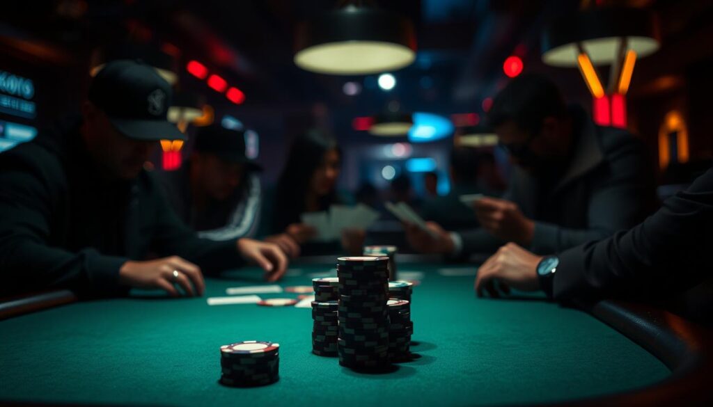 A dimly lit poker table, its green felt surface reflecting the soft glow of overhead lamps. Players cautiously study their cards, expressions masked by the shadows. In the foreground, a stack of poker chips stands as a symbol of the risks and rewards of the game. The background blurs, drawing the eye to the central focus - the careful consideration of the next move, the calculated decision to fold or raise. The atmosphere is tense, the mood pensive, as the players strive to minimize their chances of "going all in" and risking it all. A study in strategic restraint, this image captures the essence of the section "Strategies to Reduce Fold Rate" within the article on Texas Hold'em gameplay.