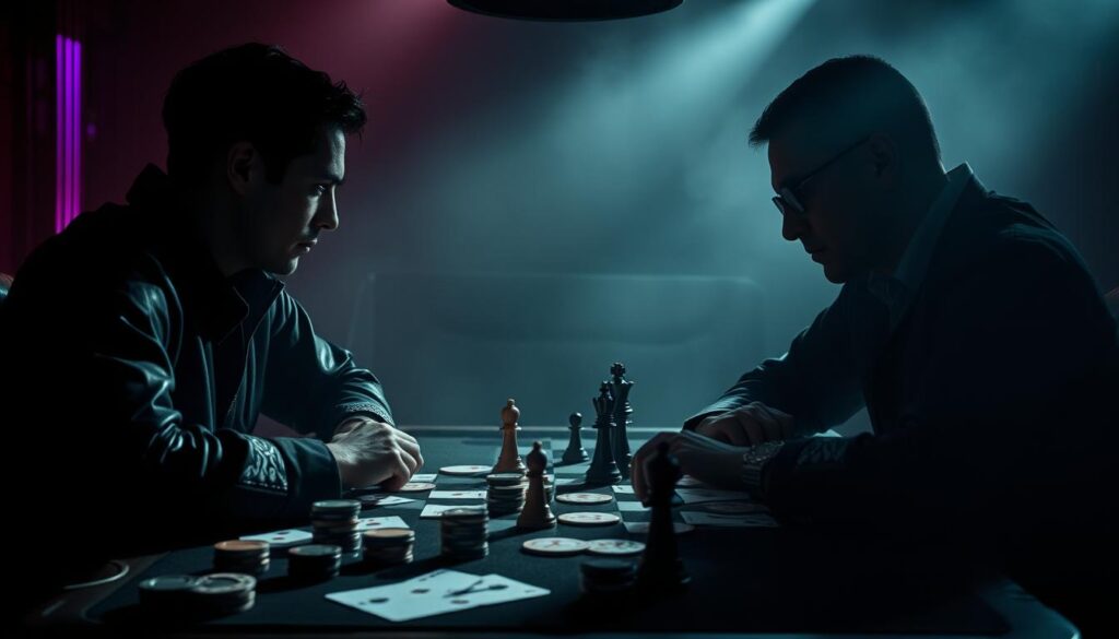 A dimly lit poker table, its surface adorned with playing cards, poker chips, and a chessboard. In the foreground, two players engage in an intense battle of wits, their gazes locked in a silent exchange of strategy and psychological warfare. Shadows cast by the low lighting create an air of mystery and tension, heightening the drama of the moment. The background fades into a hazy fog, suggesting the high stakes and the weight of the decision. The players' expressions are a study in concentration and calculated composure, hinting at the depth of their understanding of the game's complexities and the importance of maintaining a strategic edge through psychological mastery.