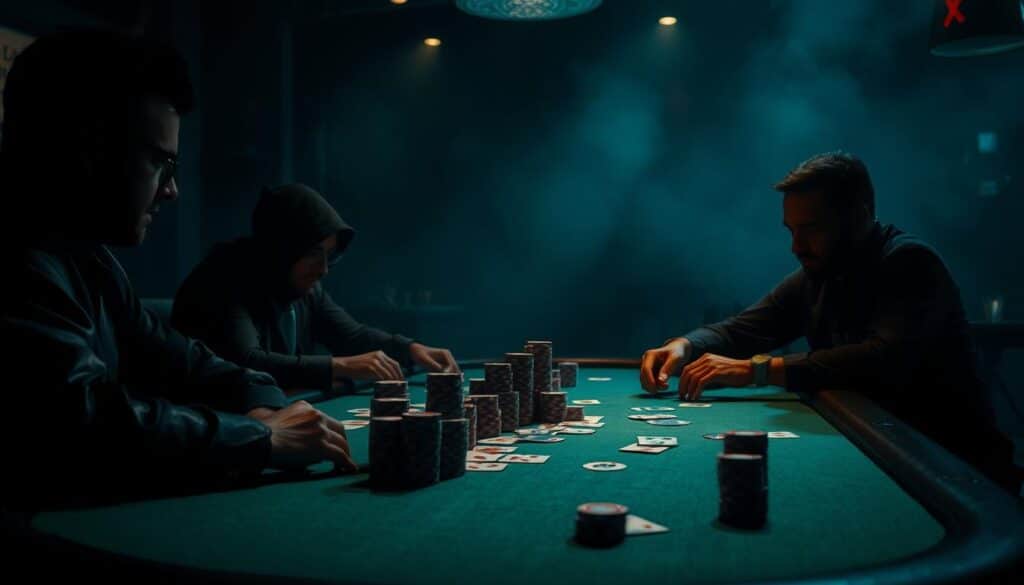A dimly lit poker table, its surface illuminated by the soft glow of a green felt covering. The cards are dealt, the chips stacked high, as the players engage in the intricate dance of the blind structure. Shadows cast by the overhead lighting create a sense of depth and mystery, heightening the tension of the moment. The table's edges fade into a hazy, dreamlike background, drawing the viewer's focus to the action at hand. The scene conveys the strategic importance of the blind levels, the players' expressions hidden beneath the weight of their decisions. This image captures the essence of the blind structure's impact on the high-stakes world of Texas hold'em poker.