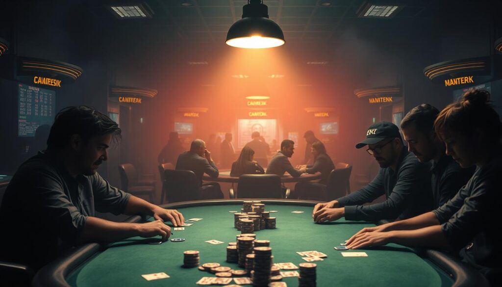 A dimly lit poker table set against the backdrop of a smoky, high-stakes casino. In the foreground, players sit intently, studying their cards and chips, their faces half-obscured by the shadows. Overhead, a single spotlight casts a warm glow, highlighting the concentration and tension in the room. The middle ground is filled with the accoutrements of the game - stacks of chips, playing cards, and a green felt surface. In the background, the faint outlines of other tables and players can be seen, creating a sense of the bustling, high-energy atmosphere of a championship-level Texas Hold'em tournament. The overall mood is one of anticipation, strategy, and the thrill of the high-stakes gamble.