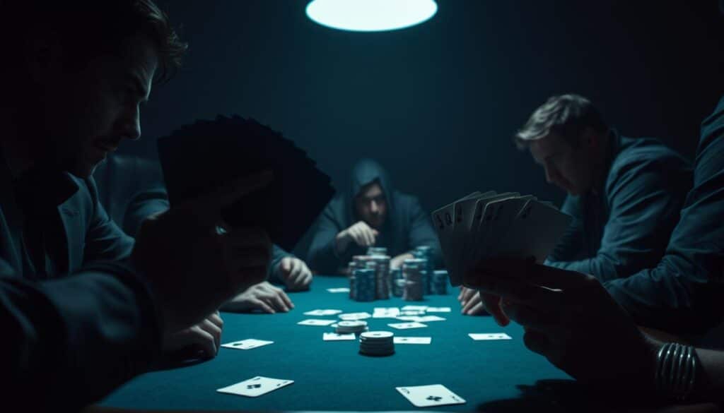 A dimly lit poker table, shadows casting a somber mood. In the foreground, a hand of cards hovers, faces obscured, the tension palpable. Across the table, a player leans in, eyes narrowed, considering their next move in this high-stakes game. The middle ground reveals the other players, expressions guarded, chips stacked high, each one a potential threat. In the background, the room fades into a haze, the only illumination a single overhead light, creating an air of mystery and unease. This is the special situation, where fortunes can shift in an instant, where each decision carries the weight of risk and reward.