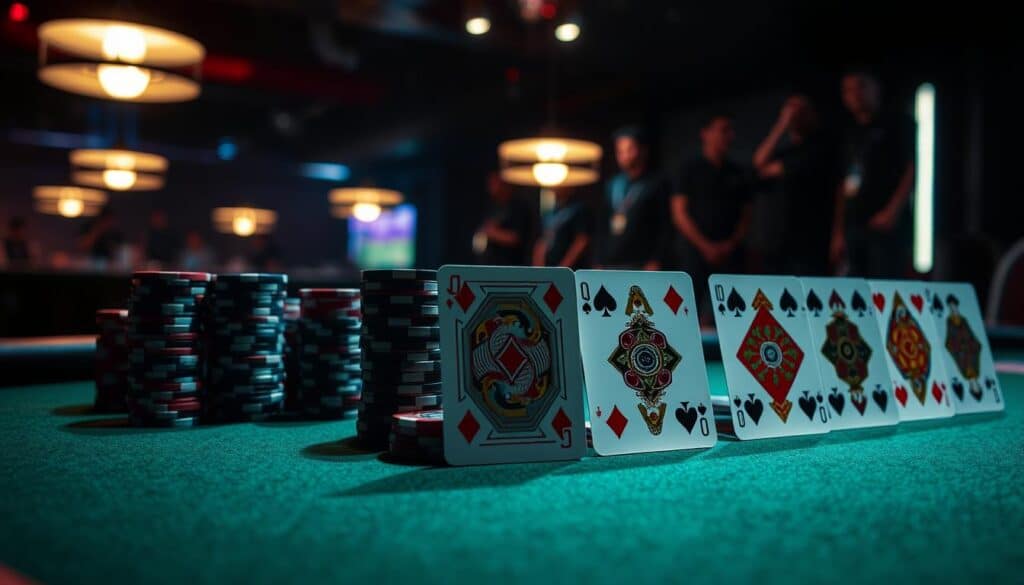 A dimly lit poker table, the felt surface reflecting the soft glow of overhead lamps. Stacks of poker chips in various denominations sit at the ready, surrounded by a collection of uniquely designed playing cards - each a unique variant of the classic deck. The cards feature intricate patterns, bold colors, and unconventional suits, hinting at the diverse and engaging world of poker variants. The scene conveys a sense of strategic contemplation, the players immersed in the complexities of these specialized games, seeking to master the nuances that set them apart from traditional Texas Hold'em.