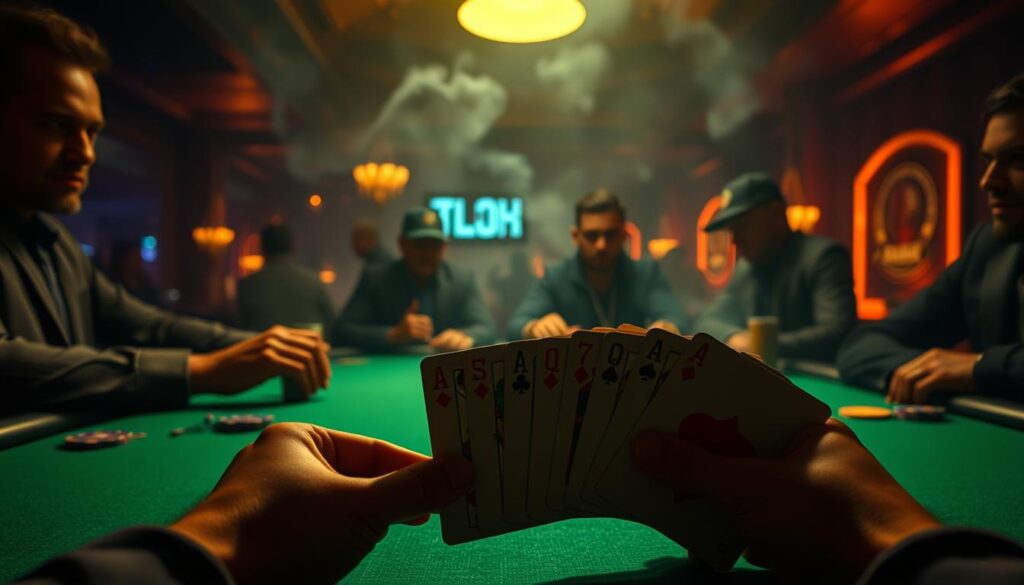 A dimly lit poker table, the green felt casting a warm glow over the scene. In the foreground, a hand of cards fans out, the intricate details of the suits and numbers clearly visible. The players' faces are shrouded in shadow, their expressions intense as they contemplate their next move. In the background, the smoke-filled room is punctuated by the occasional clink of casino chips and the murmur of conversation, creating an atmosphere of hushed excitement. The lighting is low, with a soft, dramatic spotlight illuminating the action at the table, drawing the viewer's eye to the heart of the game. The overall mood is one of anticipation and high-stakes adventure, capturing the allure and history of the iconic Texas Hold'em poker.