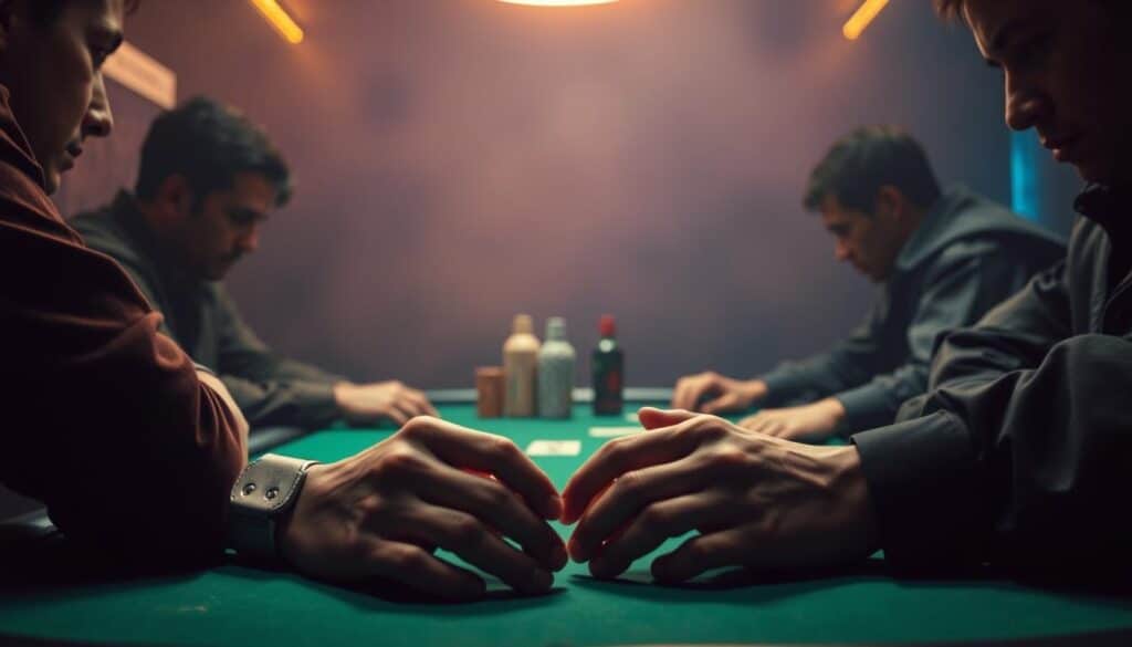 A dimly lit poker table, the green felt surface casting a subtle glow. Seated players, their faces partially obscured by shadows, engaged in a tense mental battle. In the foreground, a pair of hands rests on the table, fingers tapping rhythmically, hinting at the strategic calculations taking place. The background fades into a hazy, atmospheric depth, emphasizing the psychological weight of the game. Overhead, a warm, focused light accentuates the players' expressions, revealing the subtle nuances of their decision-making process. The scene conveys the strategic importance of position and the profound psychological impact it has on Texas Hold'em gameplay.