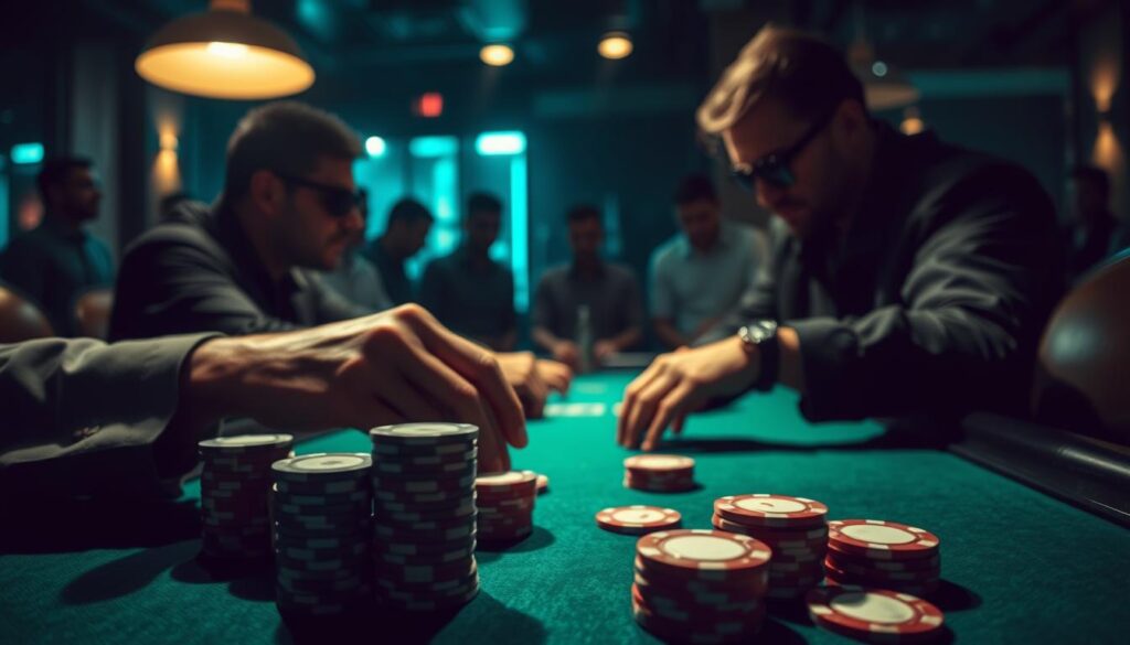 A dimly lit poker table, the green felt surface reflecting the soft glow of overhead lamps. In the foreground, a stack of poker chips in various denominations, casting subtle shadows. The middle ground features the hands of two players, engaged in a tense standoff, their expressions unreadable behind dark sunglasses. In the background, the blurred silhouettes of onlookers, creating an atmosphere of high-stakes intensity. The lighting is dramatic, creating deep shadows and highlights that accentuate the players' focus and concentration. The overall mood is one of strategic contemplation, as the participants engage in a psychological battle of wits and nerve.
