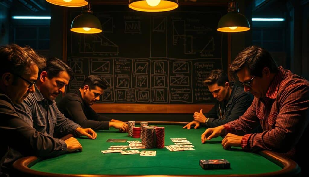 A dimly lit poker table, the green felt surface reflecting the warm glow of overhead lamps. Seasoned players scrutinize their cards, expressions guarded as they contemplate their next strategic move. In the background, a chalkboard displays intricate diagrams and formulas, illuminating the depth and complexity of Texas Hold'em poker strategy. The air is thick with tension, the weight of each decision palpable, as the players navigate the nuances of probability, psychology, and risk. This image captures the essence of the pivotal role that strategy plays in the high-stakes world of Texas Hold'em, a game where the difference between victory and defeat can hinge on the mastery of tactical principles.