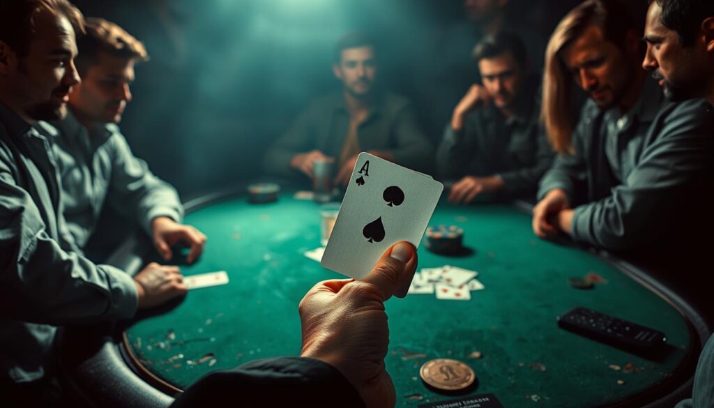 A dimly lit poker table, the green felt worn and weathered, set against a shadowy backdrop. In the foreground, a player's hand holds a losing hand - a pair of low-ranking cards, the frustration evident on their face. Surrounding the table, the other players lean in, their expressions a mix of triumph and sympathy, the atmosphere charged with the tension of a critical moment in the game. Dramatic, high-contrast lighting casts dramatic shadows, heightening the sense of drama and consequence. The scene captures the essence of a critical misstep in a tense Texas Hold'em game, a cautionary tale of the pitfalls that can await the unwary player.