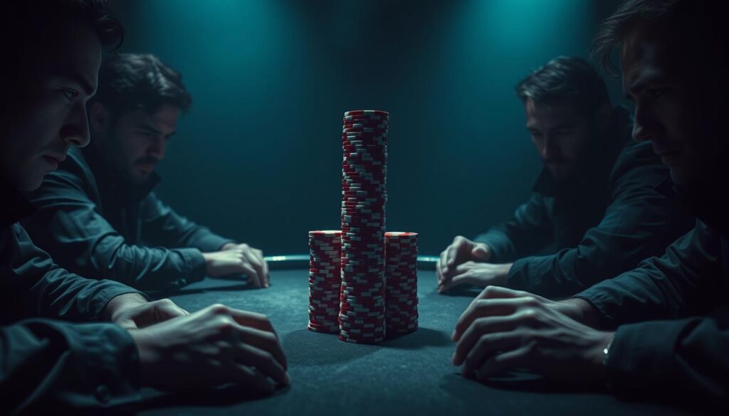 A dimly lit poker table, the players' faces cast in shadows, hands hidden, conveying an air of mystery and unease. In the center, a stack of poker chips towers, representing the high stakes at play. The lighting is dramatic, creating a tense, cinematic atmosphere. The players' body language suggests a careful, calculated demeanor, their eyes narrowed, faces inscrutable as they engage in a silent battle of wits and deception. The scene captures the essence of psychological warfare in Texas Hold'em, where bluffs, tells, and mind games determine the outcome.