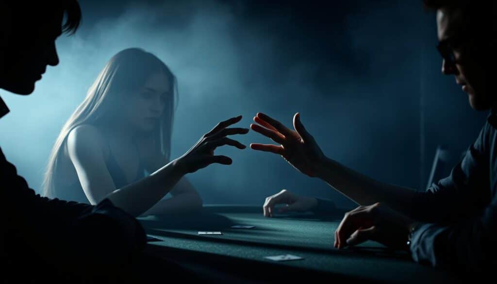 A dimly lit poker table, the players' faces obscured by shadows, their expressions unreadable. In the center, a pair of hands, one female and one male, gesture and interact, engaged in a silent psychological dance. The background is hazy, the atmosphere tense and charged, as if the very air is thick with strategy and anticipation. Subtle lighting highlights the players' hands, their movements carefully observed and analyzed, revealing the subtle tells and micro-expressions that betray their inner thoughts. The scene conveys the intense focus and mental acuity required to read an opponent, to gain the upper hand through keen observation and profound psychological insight.