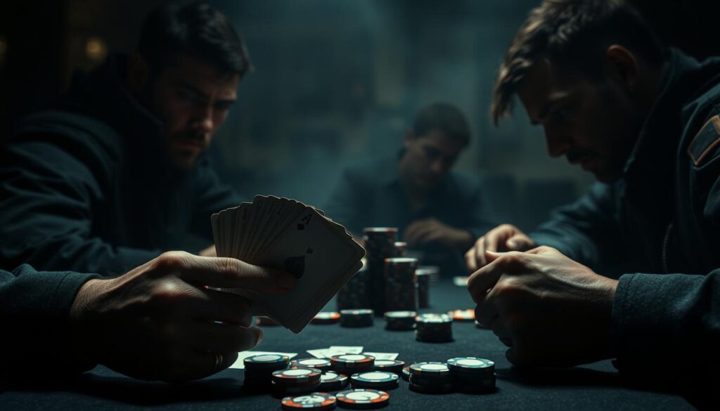 A dimly lit poker table, the players' faces obscured in shadow, their focused expressions revealing a tense battle of wits. In the foreground, a pair of weathered hands fan out a set of cards, the player's gaze scrutinizing each one with calculated intensity. The middle ground features an array of poker chips, stacked and scattered, hinting at the high stakes at play. In the background, a hazy, smoky atmosphere sets the mood, creating a sense of cautious deliberation and strategic maneuvering. Dramatic chiaroscuro lighting accentuates the players' features, underscoring the gravity of the situation and the critical importance of analyzing their opponents' every move.