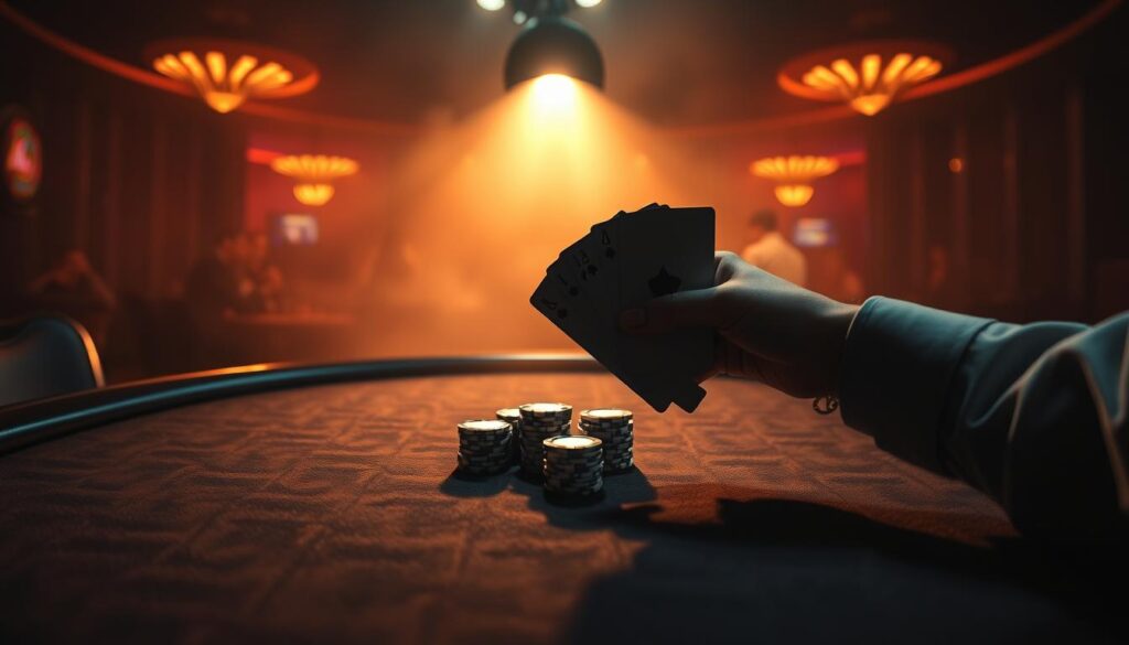 A dimly lit poker table with a dramatic spotlight illuminating a stack of poker chips in the center. The table is surrounded by shadows, creating an air of mystery and tension. In the foreground, a dealer's hand is dealt a winning hand, the cards shining with an almost supernatural glow. The background features a smoky, atmospheric casino setting, with the faint outlines of other players and tables visible. The overall mood is one of high-stakes excitement and the thrill of victory in Texas Hold'em poker.