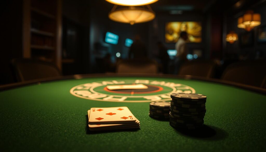 A dimly lit poker table with a green felt surface, illuminated by the warm glow of a single overhead lamp. On the table, a deck of playing cards is neatly arranged, alongside a stack of poker chips in various denominations. The scene is captured from a slightly elevated angle, conveying a sense of focus and strategic contemplation. The background is blurred, drawing the viewer's attention to the central elements of the composition - the essential tools of the poker player's craft. The overall atmosphere is one of quiet intensity, evoking the thoughtful and calculated nature of the game.