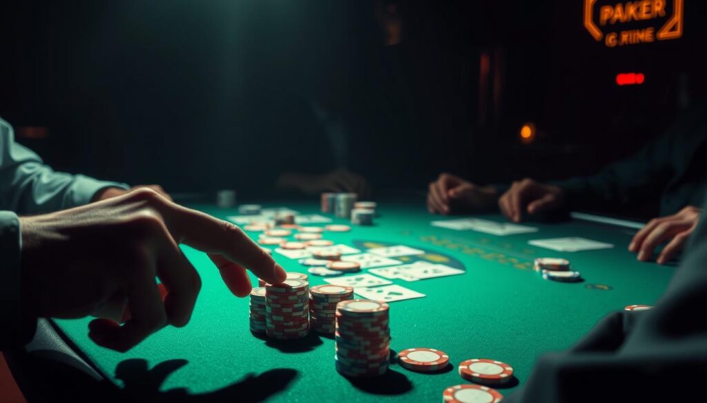 A dimly lit poker table with a green felt surface, muted lighting casting dramatic shadows across the cards and chips. In the foreground, a player's hand hovers over a stack of colorful poker chips, contemplating the next strategic move. The middle ground features the table, with cards and chips arranged in strategic patterns, hinting at the nuanced mathematics of betting. In the background, the shadowy silhouettes of other players, their faces obscured, creating an atmosphere of intensity and concentration. The scene conveys the cerebral nature of poker strategy, the delicate balance of risk and reward, and the high-stakes tension of the game.