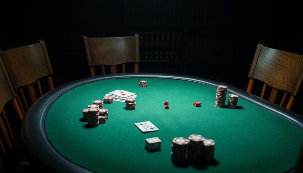 A dimly lit poker table with a green felt surface, surrounded by wooden chairs. On the table, various poker chips in different denominations are neatly stacked, alongside a deck of cards and a pair of dice. The lighting casts soft shadows, creating a contemplative atmosphere. In the background, a bookshelf with leather-bound volumes on the rules and strategies of Texas Hold'em poker. The scene conveys the classic, sophisticated ambiance of a private poker game, inviting the viewer to immerse themselves in the intricacies of this iconic card game.