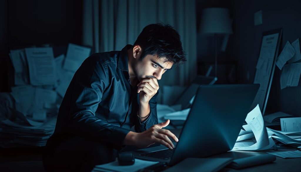 A dimly lit room, a person sitting hunched over a laptop, their face illuminated by the screen's glow. The background is cluttered with discarded documents and financial statements, a stark contrast to the sleek, modern decor. The subject's expression is one of distress, their hands trembling as they navigate through a maze of online transactions. The scene conveys a sense of vulnerability and the devastating impact of financial exploitation, capturing the essence of the "受害者案例" section of the article.