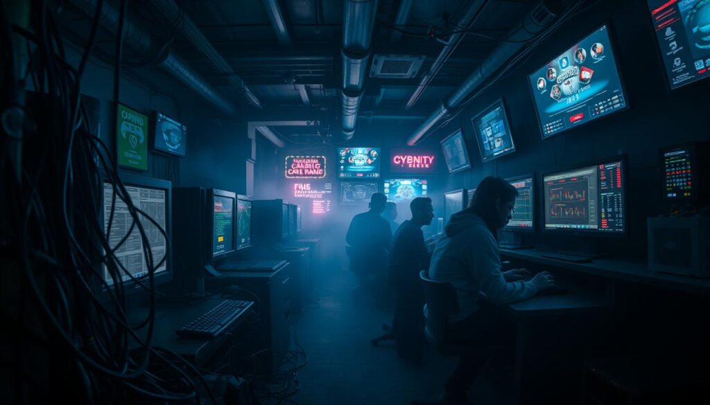 A dimly lit room, illuminated by the glow of computer screens. A cluster of individuals intensely focused, their fingers typing furiously as they navigate the labyrinth of online gambling platforms. In the foreground, a tangle of wires and servers, the technological infrastructure enabling this illicit enterprise. The middle ground is shrouded in a haze of uncertainty, as the legal implications of their actions loom. In the background, a sense of unease permeates, a reflection of the broader societal consequences of this underground network. Captured through a wide-angle lens, the scene is a stark testament to the complex web of online gambling, its temptations, and the challenges it poses to the rule of law.