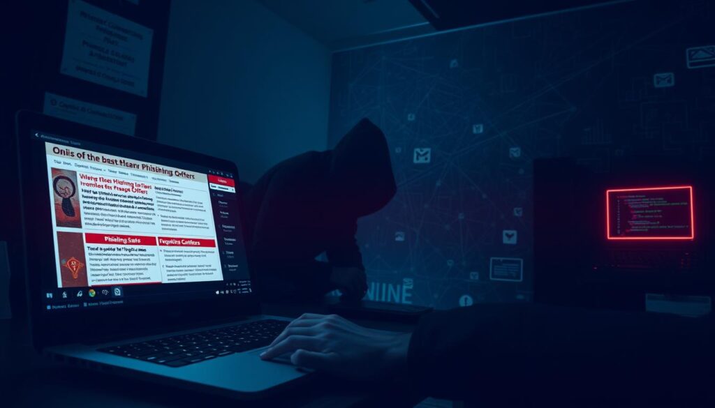 A dimly lit room, the air thick with a sense of unease. In the foreground, a laptop screen displays various online phishing scams and fraudulent offers - red flags for unsuspecting victims. The middle ground depicts a shadowy figure, their features obscured, hunched over the computer, fingers tapping away, orchestrating these nefarious schemes. In the background, a tangled web of connections, fake identities, and stolen data unfolds, a labyrinth of deceit. The scene is bathed in a cool, eerie glow, conveying the sinister nature of these common fraud tactics. The overall atmosphere is one of caution and vigilance, a stark warning against the dangers that lurk in the digital realm.