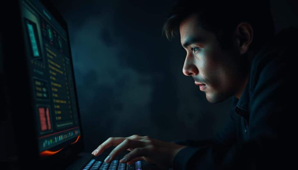 A dimly lit room, the glow of a computer screen reflecting off the face of a person engrossed in an online casino. The player's expression is a mix of anticipation and focus, their fingers poised over the mouse, ready to place their bets. The background is hazy, with a sense of anonymity and isolation, emphasizing the immersive nature of the virtual gambling experience. The lighting is dramatic, creating shadows that add depth and mystery to the scene. The overall atmosphere evokes the allure and potential risks of participating in online gambling activities.