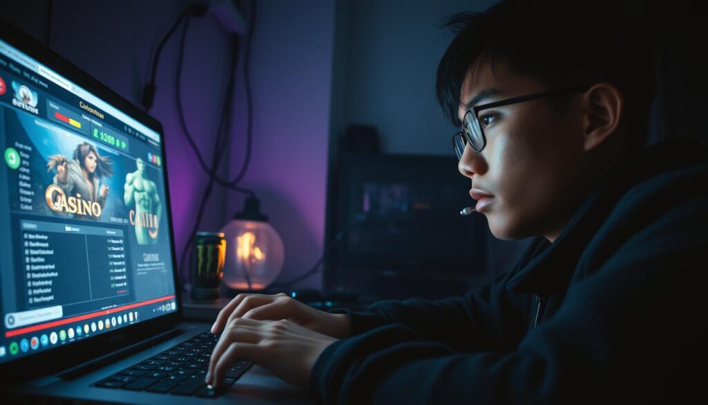 A dimly lit room, the glow of a laptop screen illuminating the focused face of a Taiwanese gamer. Fingers deftly navigating an online casino, the thrill of potential winnings palpable. In the background, a tangle of wires and half-empty energy drink cans, evidence of long gaming sessions. The atmosphere is one of intense concentration, a world unto itself where the player is consumed by the pursuit of digital fortune. A wide-angled lens captures the scene, creating a cinematic, almost voyeuristic feel. Shadows and highlights sculpt the the gamer's features, adding depth and drama to the image. The overall mood is one of quiet intensity, a snapshot of a private moment in the life of a devoted online gaming enthusiast.