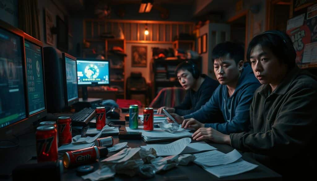 A dimly lit room, the glow of screens casting shadows on the weary faces of Taiwanese gamers. Their expressions a mix of excitement and exhaustion, as they recount tales of both triumph and disappointment in the pursuit of online casino jackpots. In the foreground, a disheveled desk littered with energy drinks and crumpled notes, a testament to the long hours and unwavering determination. The background reveals a cluttered living space, hinting at the personal sacrifices made in the pursuit of gaming glory. The atmosphere is somber, with a sense of melancholy permeating the scene, capturing the bittersweet experiences of these passionate, yet occasionally disillusioned, Taiwanese players.
