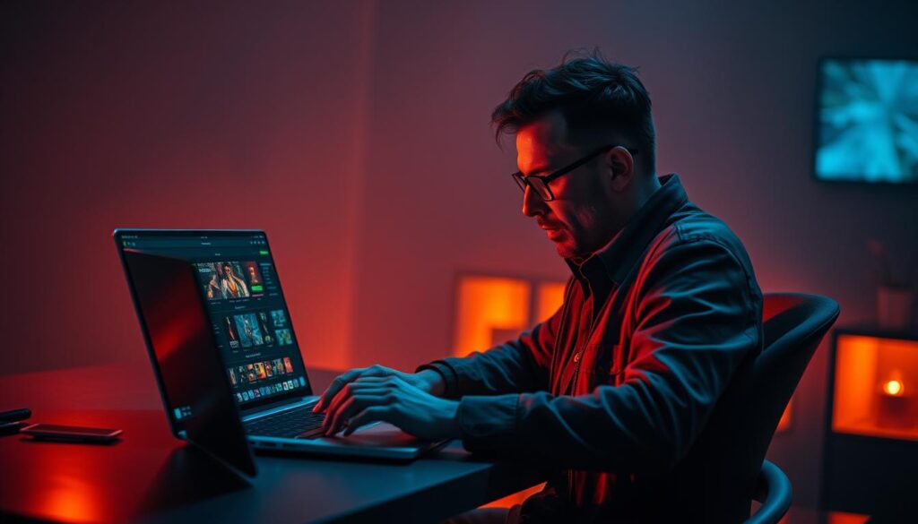 A dimly lit room, warm lighting casting subtle shadows across a sleek, modern desk. On the desktop, a laptop and mobile device sit side-by-side, their screens illuminating the user's face with a soft, ethereal glow. The user, deep in concentration, navigates through an immersive online casino interface, their expression a blend of excitement and contemplation. The background is hazy, blurred, drawing the viewer's focus to the central user experience. The overall atmosphere conveys a sense of immersion, engagement, and thoughtful interaction with the digital world of online entertainment.