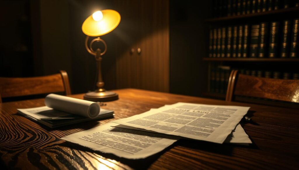 A dimly lit room, with shadows casting across a wooden table. On the table, several legal documents and papers are neatly arranged, their edges slightly frayed, hinting at the weight of the subject matter. A single desk lamp illuminates the scene, casting a warm, amber glow that highlights the intricate patterns of the wood grain. In the background, the faint outlines of bookshelves can be seen, their spines adorned with the titles of legal tomes. The overall atmosphere is one of seriousness and contemplation, as if the viewer is privy to the inner workings of a legal professional tasked with navigating the complex landscape of online gambling regulations.