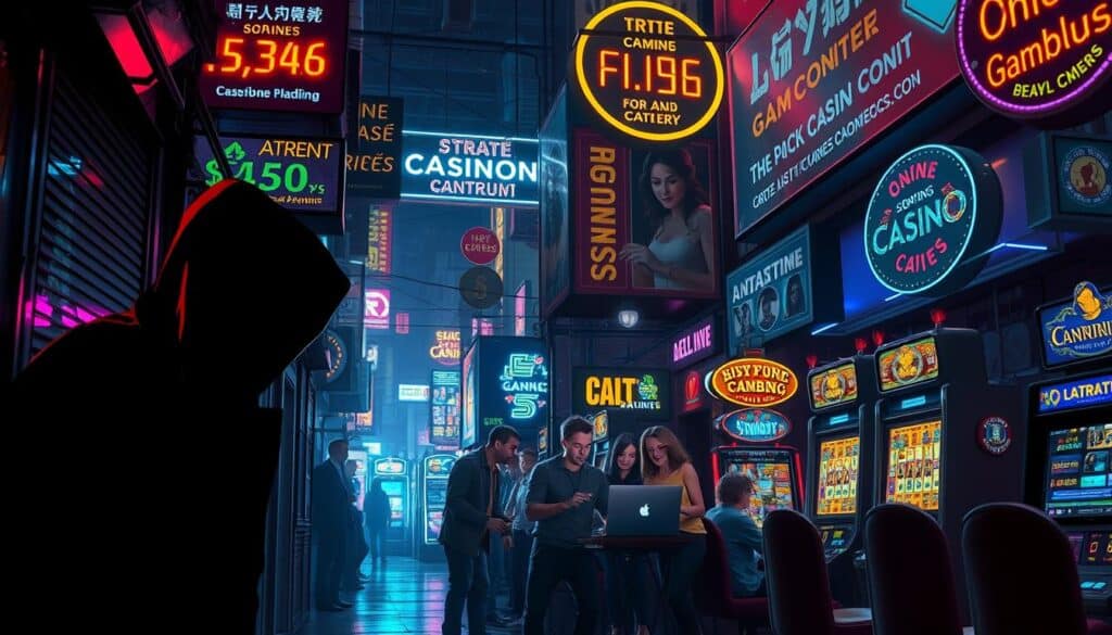 A dimly lit, seedy alleyway in a bustling city in 2025, with neon signs and billboards advertising various online gambling platforms. In the foreground, a shadowy figure lurking, attempting to lure unsuspecting passersby into a fraudulent casino scheme. In the middle ground, a group of people huddled around a laptop, their expressions a mix of excitement and concern, as they navigate the murky waters of these online gaming platforms. The background is a cacophony of flashing lights, the sounds of slot machines, and the distant chatter of those drawn in by the promise of easy riches. The overall atmosphere is one of unease, with a sense of the predatory nature of these fraudulent enterprises preying on the hopes and dreams of the unwary.